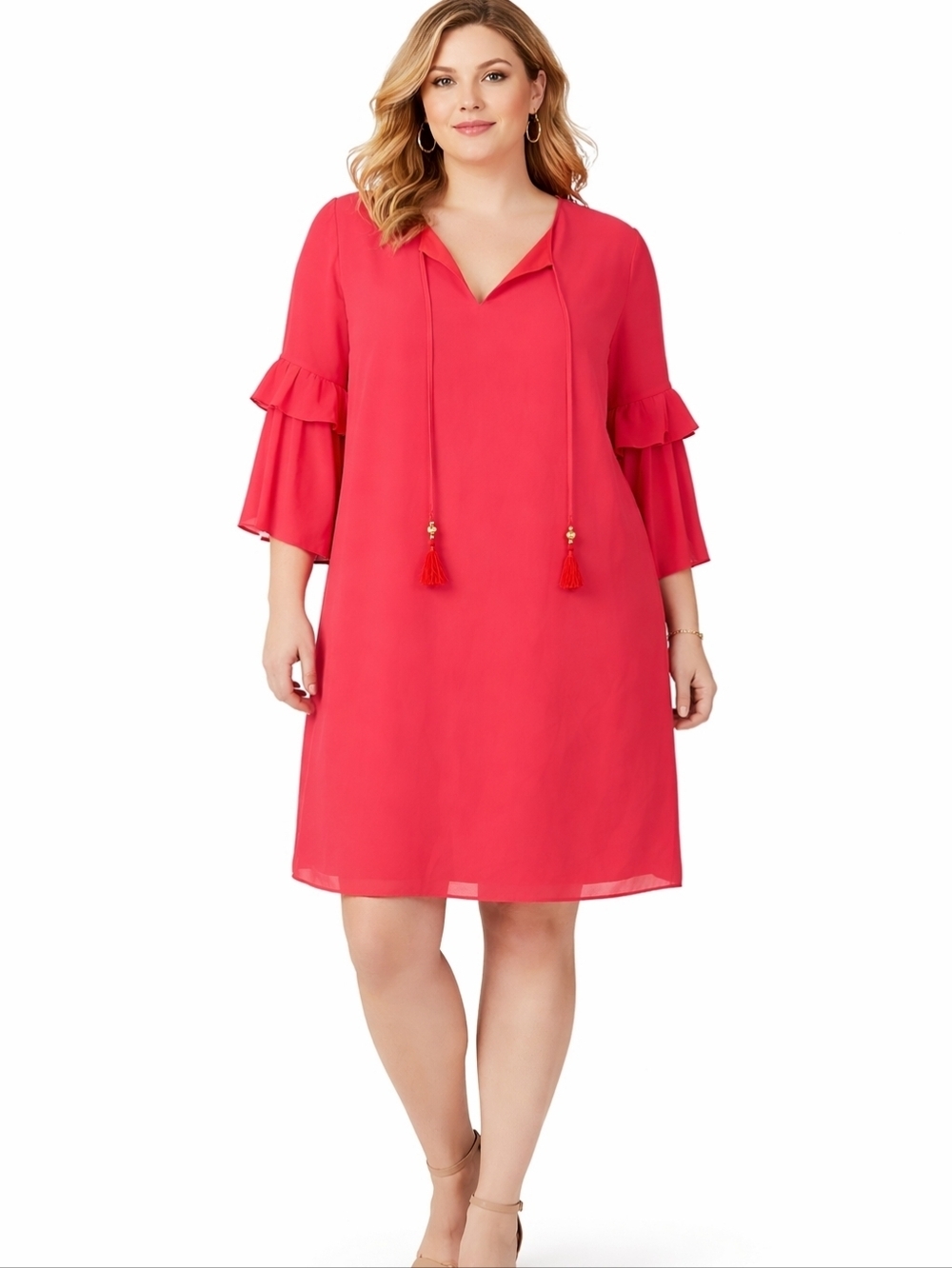 Vince Camuto Chiffon Dress 20W Pink Split Neck Tassel Tie Pleated Sleeves New